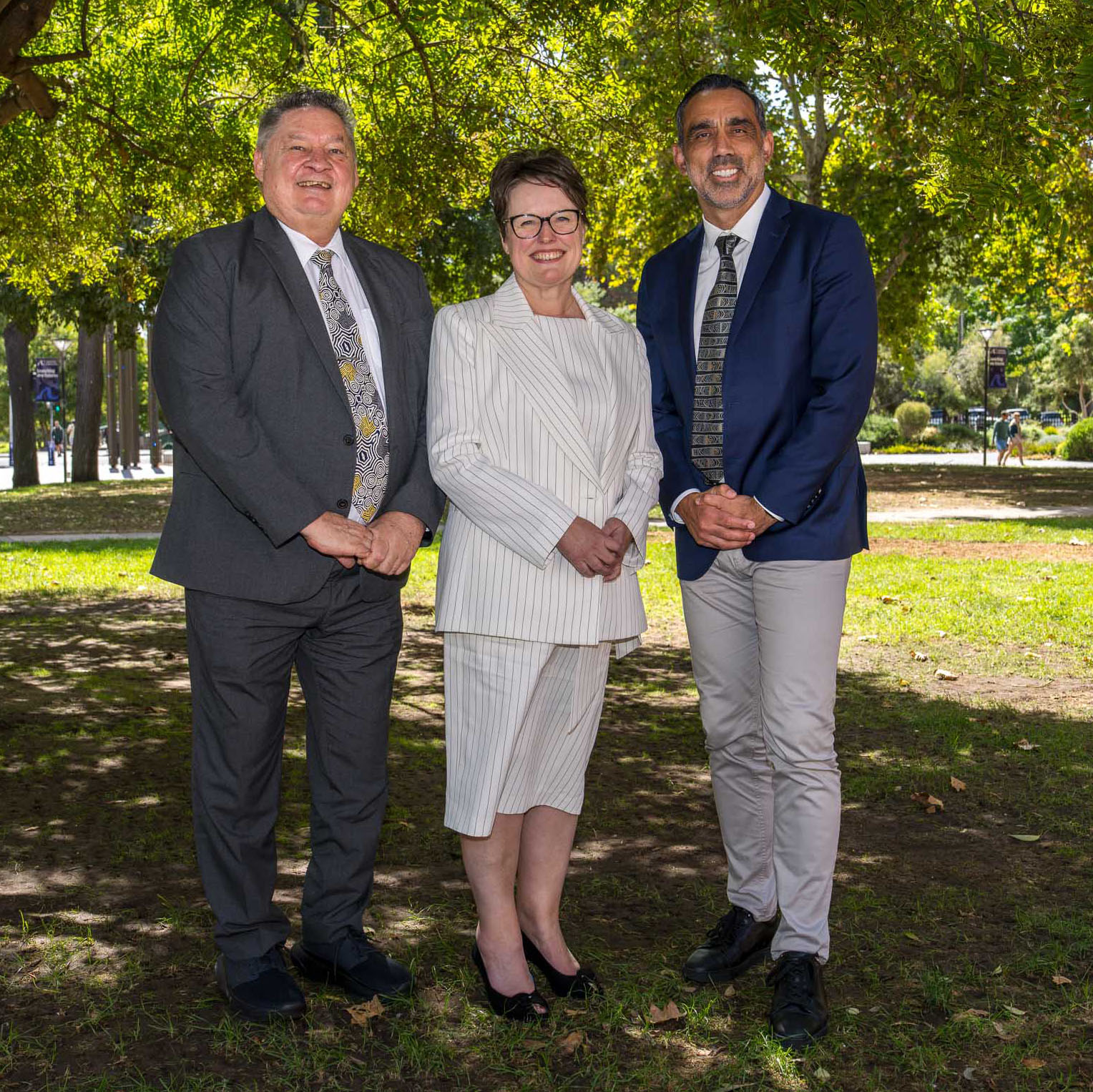 Prof Steve Larkin, DVC - Indigenous, Prof Nicola Phillips, VC and President Adelaide University, Adam Goodes, First Nations Ambassador.